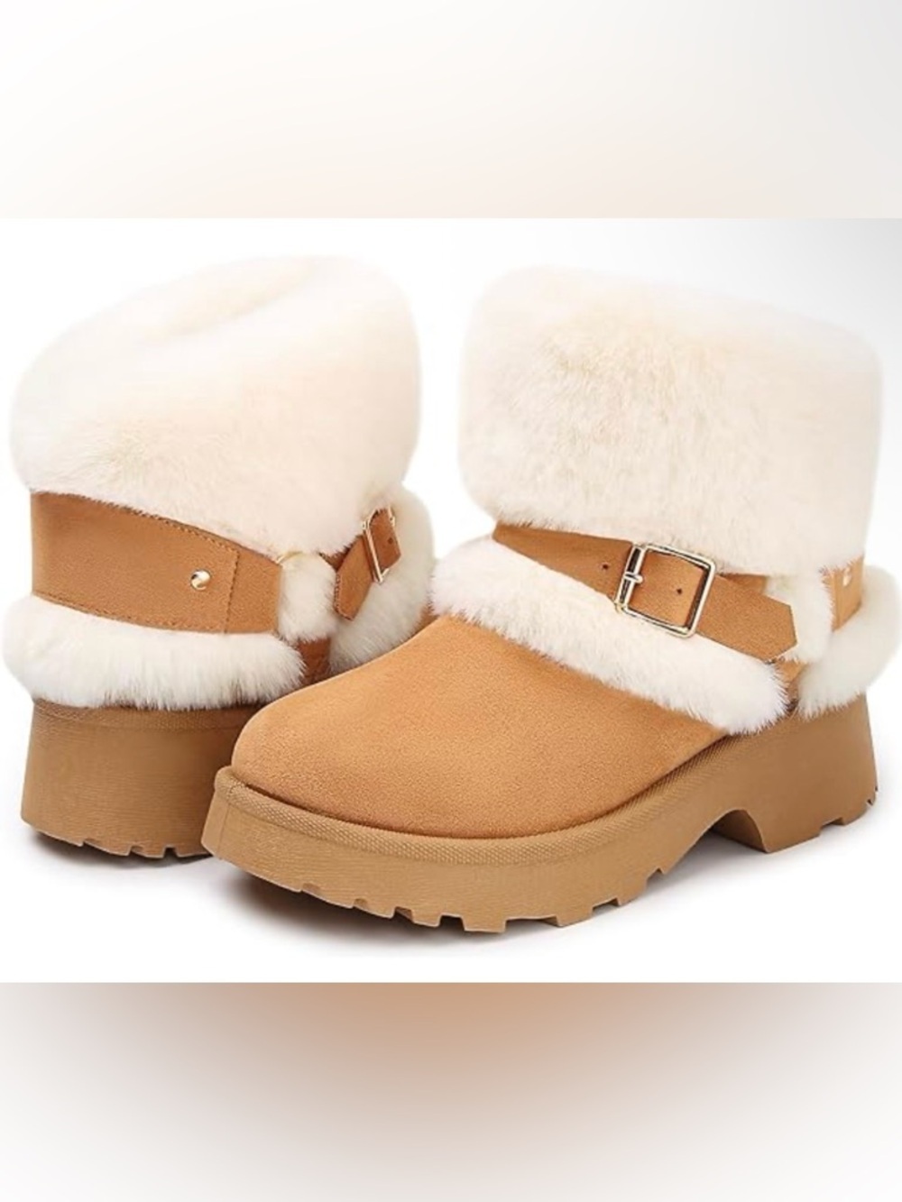 Faux Fur Cuff Tan Winter Boots with Buckle